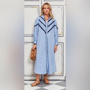 Pomander Place Light Blue Long Sleeve Midi Shirt Dress with Navy Trim